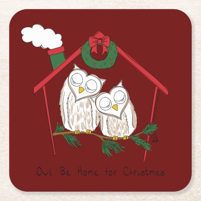 Christmas Owl Be Home Cute Square Paper Coaster (Front)