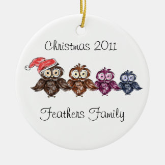 Christmas owl family ceramic ornament