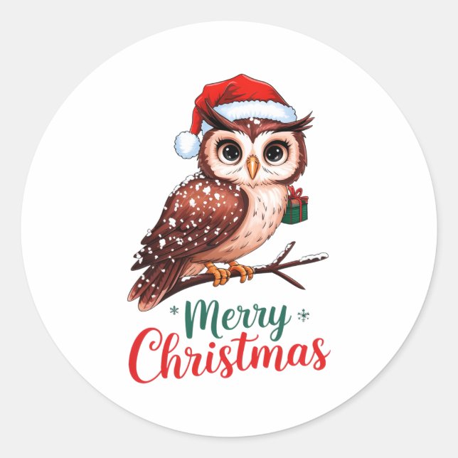 Christmas Owl Festive Design Merry Christmas  Classic Round Sticker (Front)