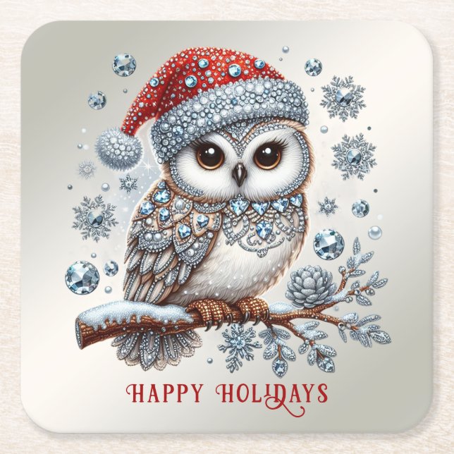 Christmas Owl Holiday Paper Coaster (Front)