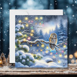 Christmas Owl in a Magical Winter Forest Holiday Card<br><div class="desc">Personalized Christmas card. Ai watercolor style illustration of a festive owl sitting on a tree branch in a snow filled enchanted forest winter wonderland.</div>