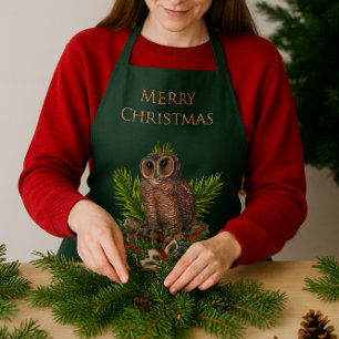 Christmas Owl Nature and Wildlife Holiday Green Apron