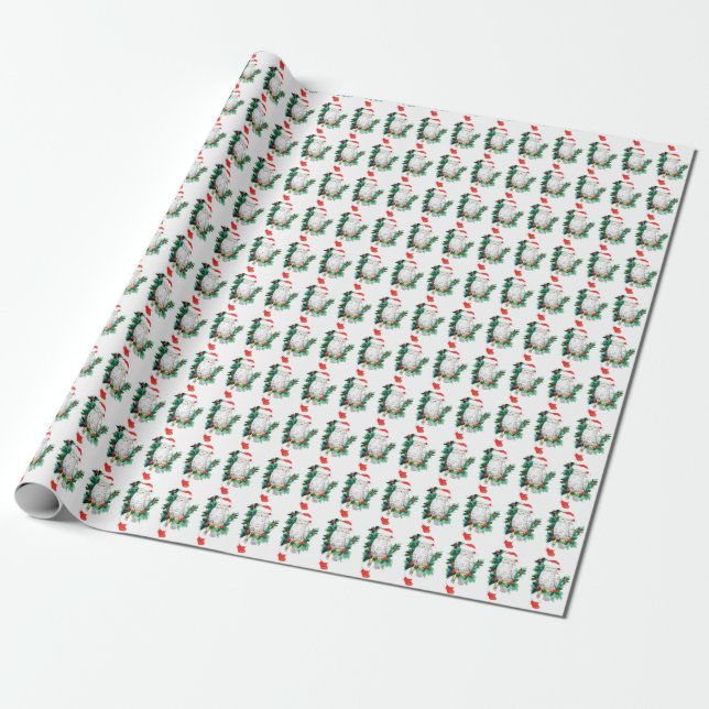 Christmas Owl Stocking Wreath Whimsical Wildlife Wrapping Paper (Unrolled)
