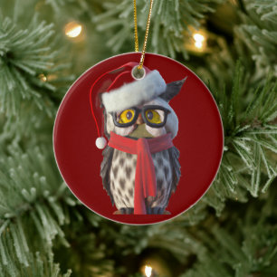 Christmas Owl Wearing Santa Costume and Red Scarf Ceramic Ornament