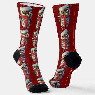 Christmas Owl Wearing Santa Costume and Red Scarf Socks