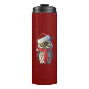 Christmas Owl Wearing Santa Costume and Red Scarf Thermal Tumbler