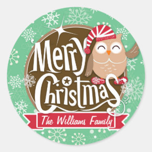 Christmas Owl; Winter; Green & White Snowflakes Classic Round Sticker