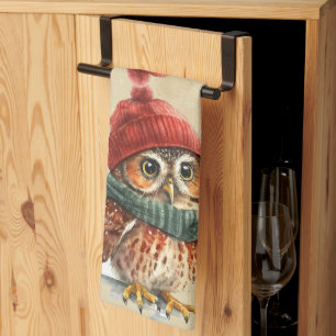 Christmas Owl Winter Watercolor Fun Animal Kitchen Towel