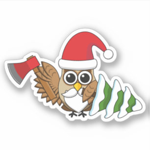 Christmas Owl with Axe and Snowy Pine Tree