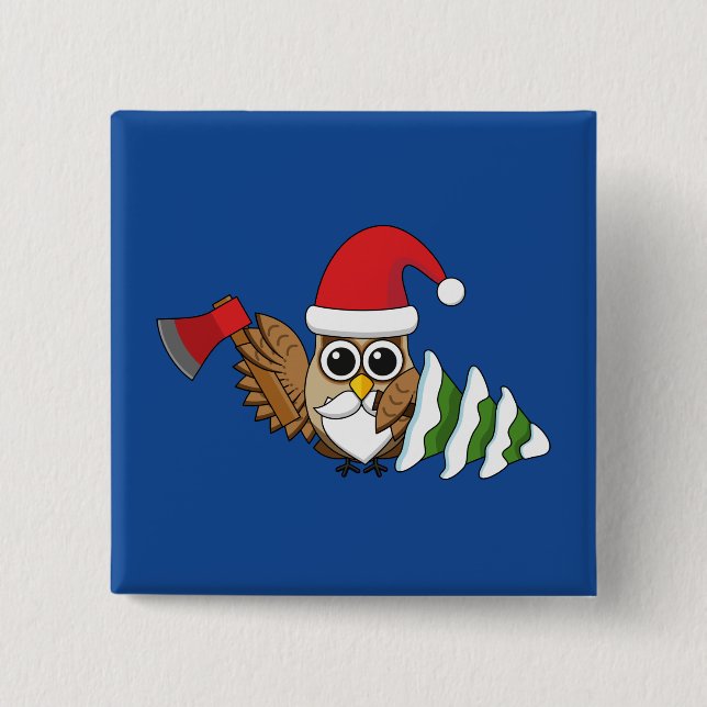 Christmas Owl with Axe and Snowy Pine Tree 2 Inch Square Button (Front)