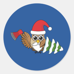 Christmas Owl with Axe and Snowy Pine Tree Classic Round Sticker