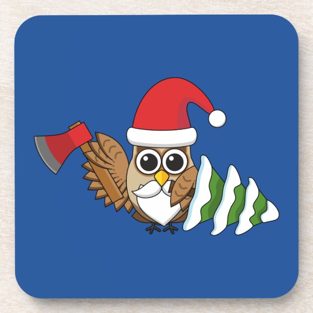 Christmas Owl with Axe and Snowy Pine Tree Coaster (Front)