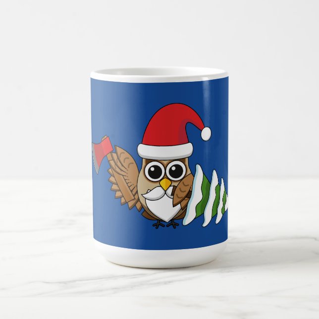 Christmas Owl with Axe and Snowy Pine Tree Coffee Mug (Center)