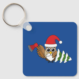 Christmas Owl with Axe and Snowy Pine Tree Keychain