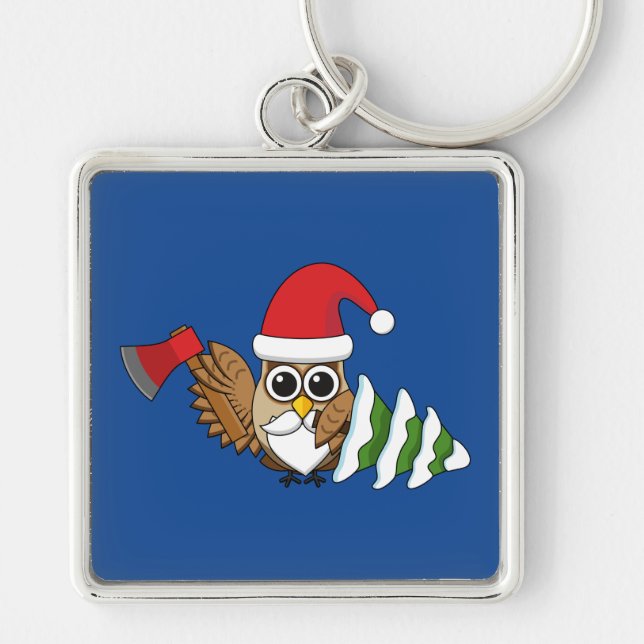 Christmas Owl with Axe and Snowy Pine Tree Keychain (Front)