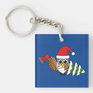 Christmas Owl with Axe and Snowy Pine Tree Keychain
