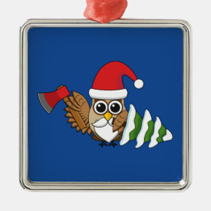 Christmas Owl with Axe and Snowy Pine Tree Metal Ornament