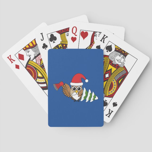 Christmas Owl with Axe and Snowy Pine Tree Playing Cards (Back)
