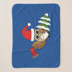 Christmas Owl with Axe and Snowy Pine Tree Sherpa Blanket