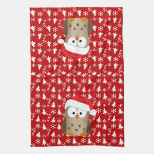 Christmas Owl with Santa Hat Kitchen Towel