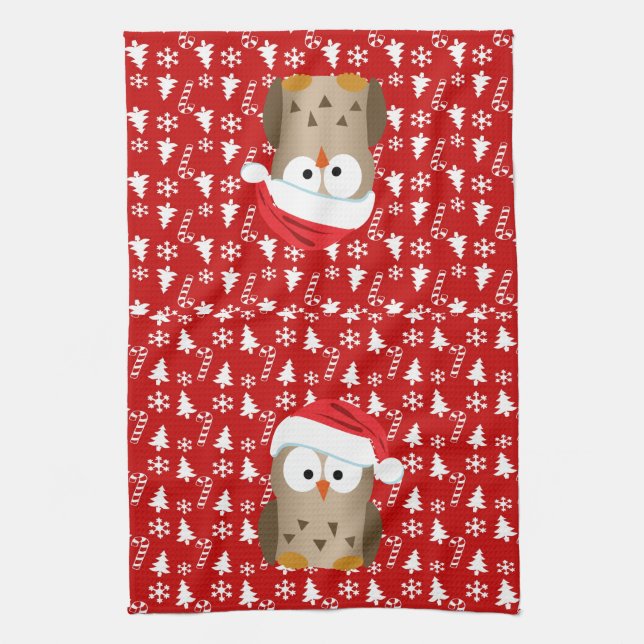 Christmas Owl with Santa Hat Kitchen Towel (Vertical)