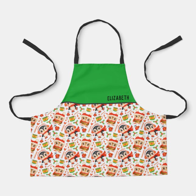 Christmas Owls and Penguins Apron (Front)