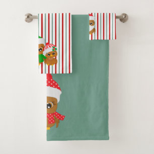 Christmas Owls on Teal and Red Bath Towel Set