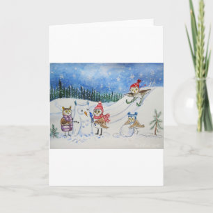 Christmas owls playing in snow holiday card