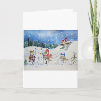 Christmas owls playing in snow holiday card
