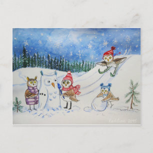 Christmas owls playing in snow holiday postcard