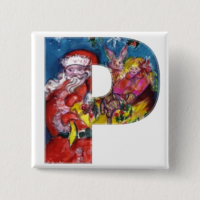 CHRISTMAS P LETTER  / SANTA  WITH GIFTS MONOGRAM 2 INCH SQUARE BUTTON (Front)