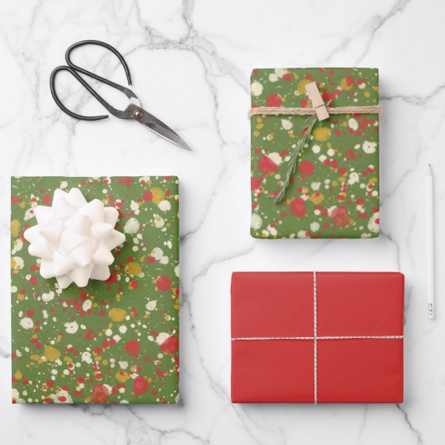Christmas Paint Spatter in Retro Red & Olive Green Wrapping Paper Sheet (Front)