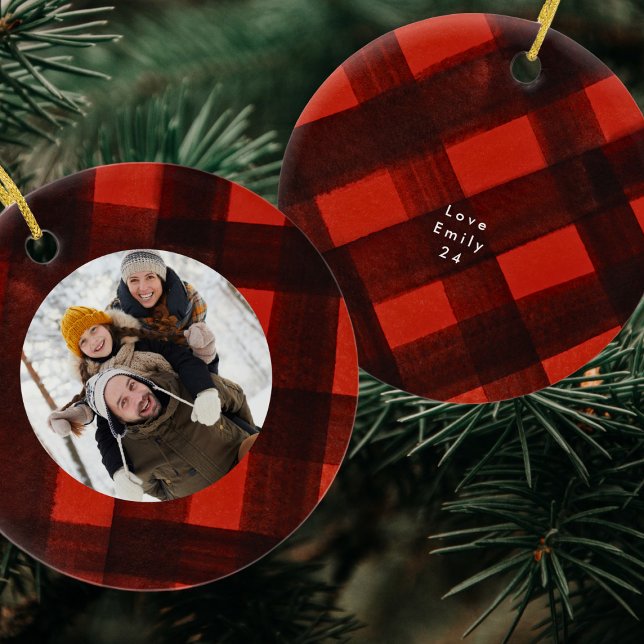 Christmas Painted Red Black Plaid Photo Frame Ceramic Ornament (Creator Uploaded)