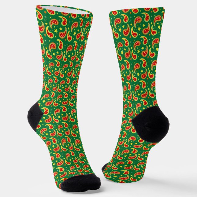 Christmas paisley green red star socks (Angled)