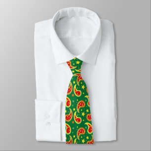 Christmas paisley green red star tie