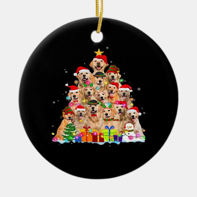 Christmas Pajama Golden Retriever Tree Xmas Gift D Ceramic Ornament (Front)