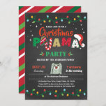 Christmas pajama party holiday party chalkboard invitation<br><div class="desc">[All text are editable, except "PAJAMA"] Get this stylish design now! Occasion: Christmas party, holiday party, housewarming party, baby shower, birthday party, retirement., etc. Theme: Christmas pajama Style: modern, chic, cheerful, fun Colours: red, white, green, festive colours. Graphics: chalkboard background, Christmas candy cane, colourful Christmas string light, pajama, Santa Claus...</div>