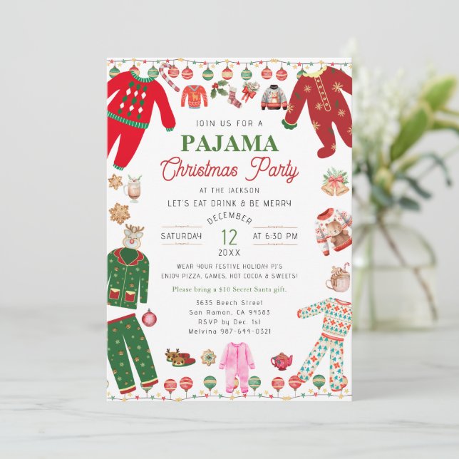Christmas Pajama Party Watercolor Modern Invitation (Standing Front)