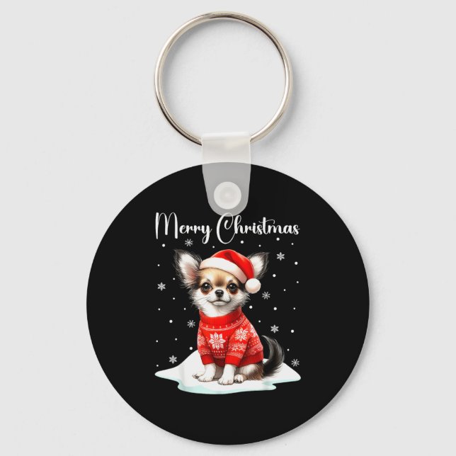 Christmas Pajamas Chihuahua Christmas Outfit Chihu Keychain (Front)