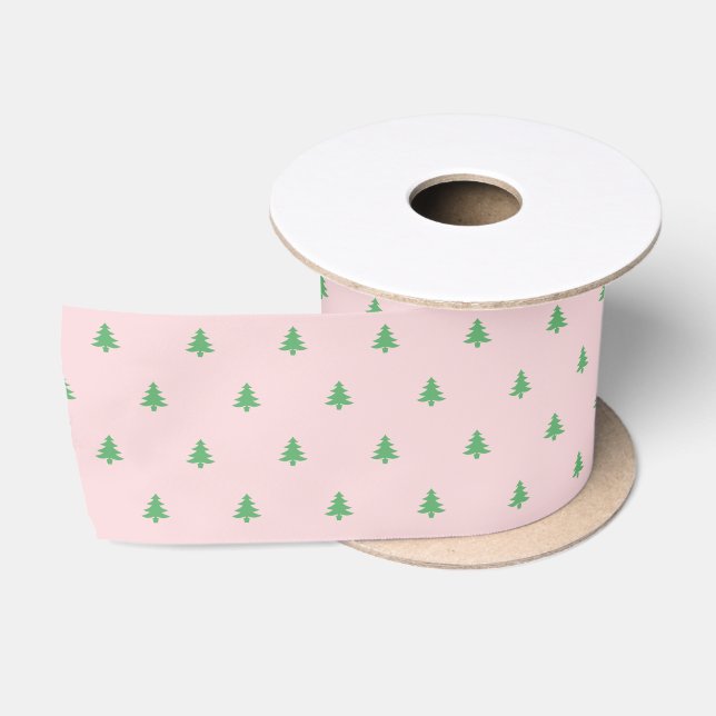 Christmas Pale Pink and Green Christmas Trees Satin Ribbon (Spool)