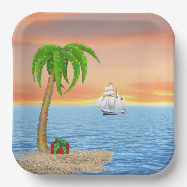 Christmas Palm Tree and Boat  Paper Plate (Front)