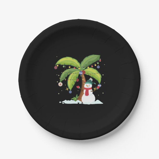 Christmas Palm Tree And Snowman Paper Plate (Front)