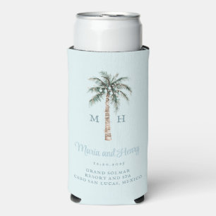 Christmas Palm Tree Beach Wedding Monogram Seltzer Can Cooler