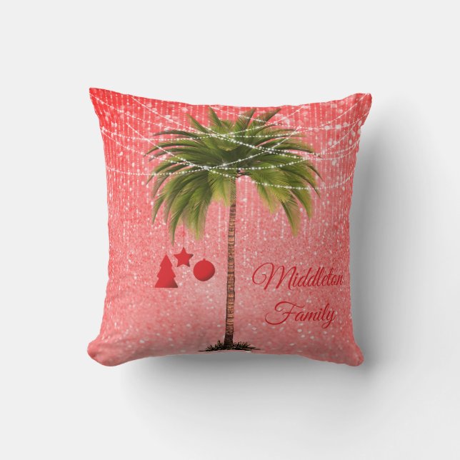 Christmas Palm Tree Glitter Tropical Lights Throw Pillow (Front)