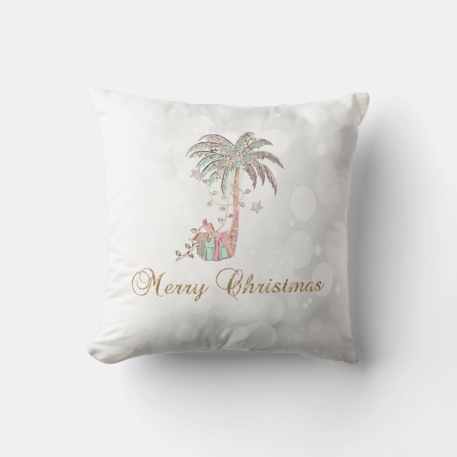 Christmas Palm Tree,Present,String Lights,Bokeh  Throw Pillow (Front)