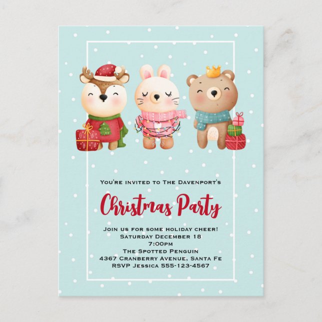 Christmas Pals - Reindeer Bear & Rabbit Invitation Postcard (Front)