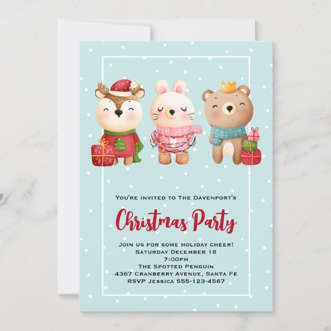 Christmas Pals - Reindeer Bear & Rabbit Party Invitation (Front)