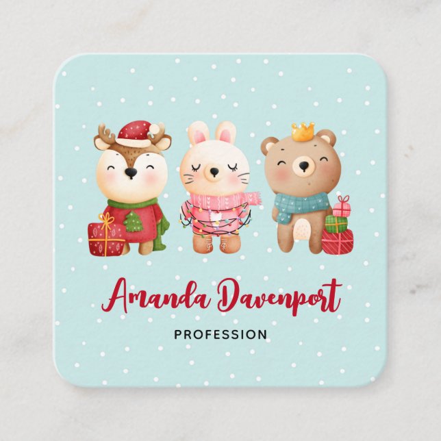 Christmas Pals - Reindeer Bear & Rabbit Square Business Card (Front)