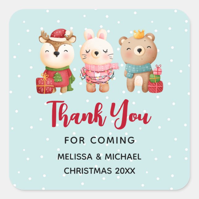 Christmas Pals - Reindeer, Bear & Rabbit Thank You Square Sticker (Front)