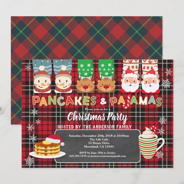 Christmas panackes and pyjamas party red flannel invitation (Front/Back)